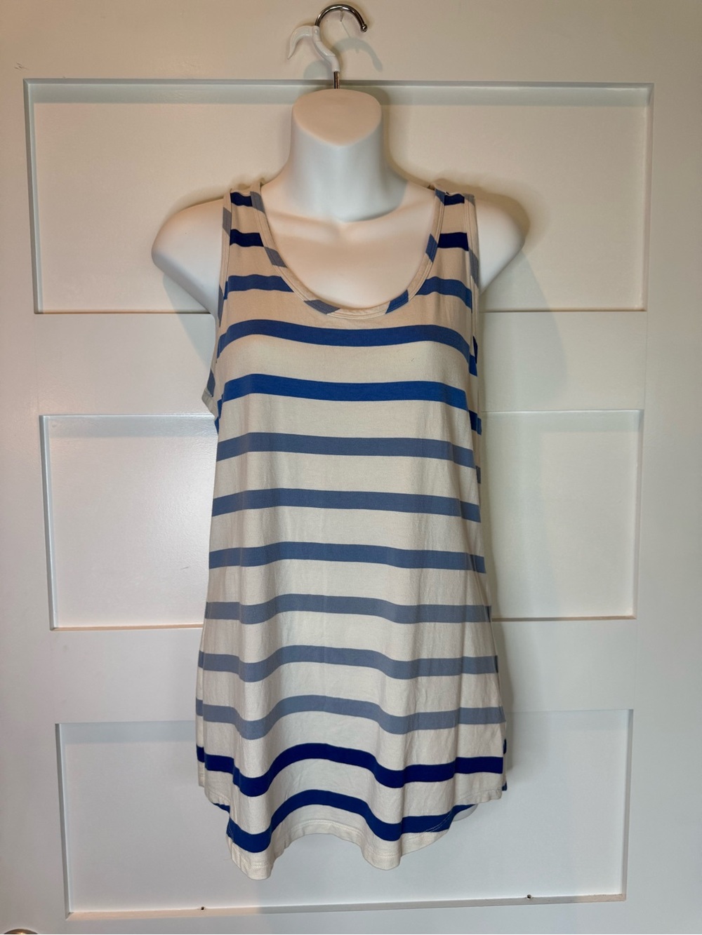 CAbi Cream and Blue Striped Sleeveless Tank Top